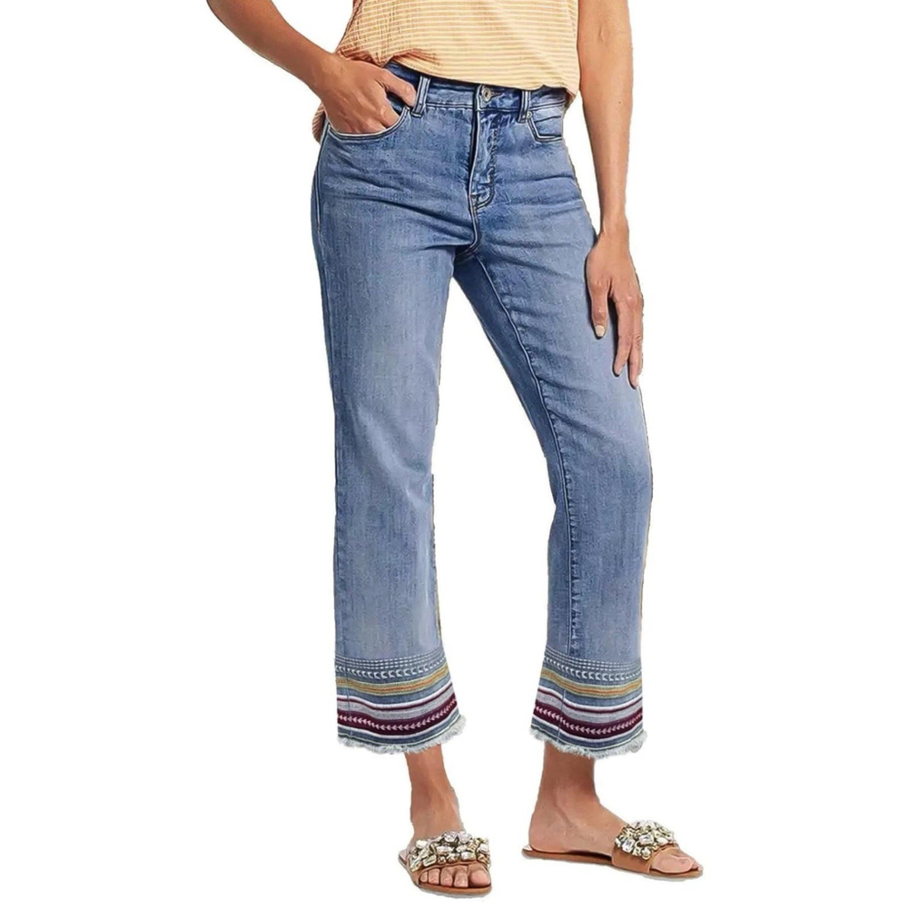 Nwt Flamingals Women Crop Blue Jeans Size S raw hem wash embroidery